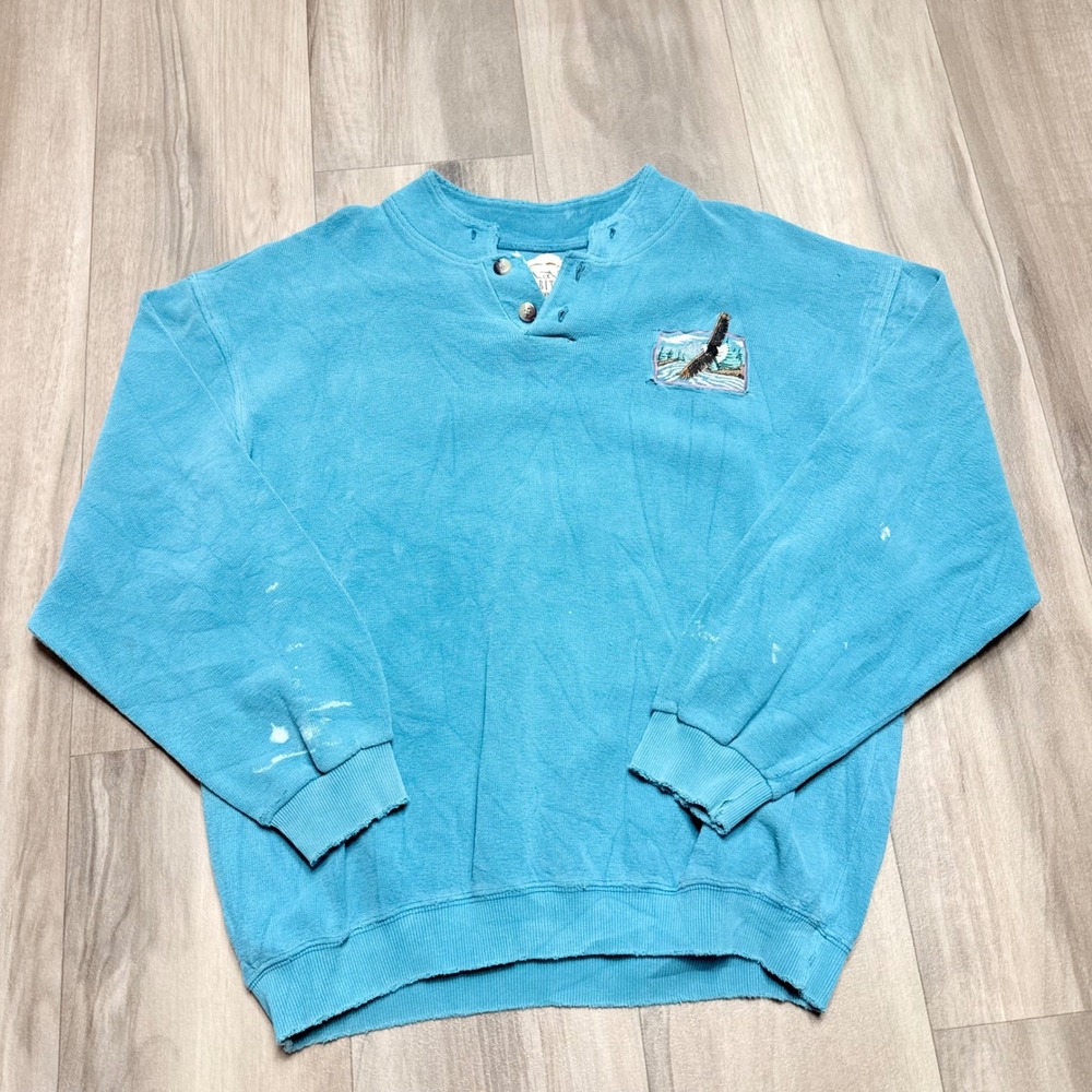 Vintage Habitat Wilderness Henley Sweatshirt Blue Eagle Embroidered Large L